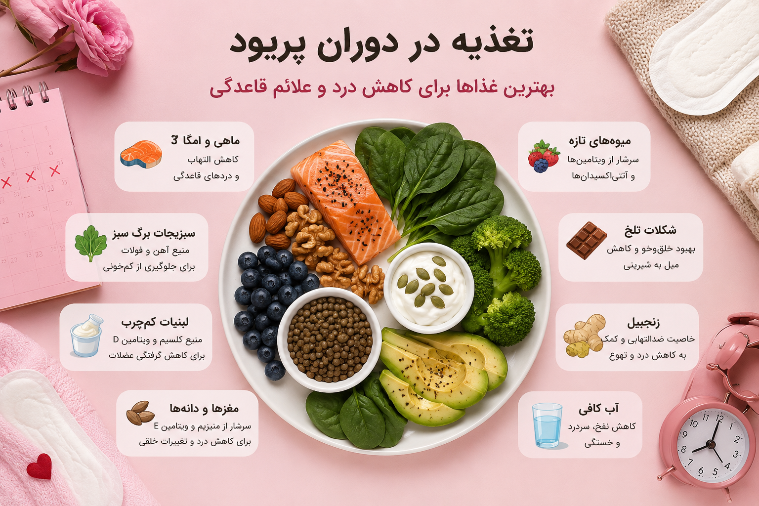 تغذیه در دوران پریود؛ بهترین غذاها برای کاهش درد و علائم قاعدگی شامل ماهی سالمون، اسفناج، مغزها، ماست، بروکلی و میوه‌های تازه