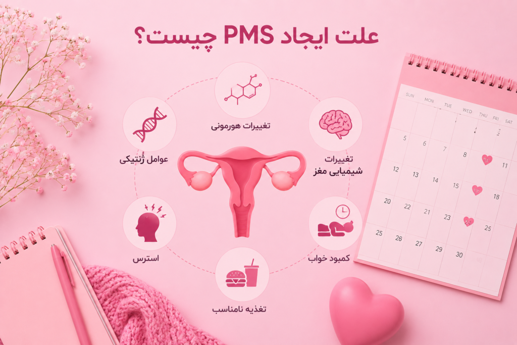 علت ایجاد PMS چیست؟ اینفوگرافیک عوامل مؤثر بر سندرم پیش از قاعدگی مانند تغییرات هورمونی، استرس، ژنتیک، تغذیه و کمبود خواب