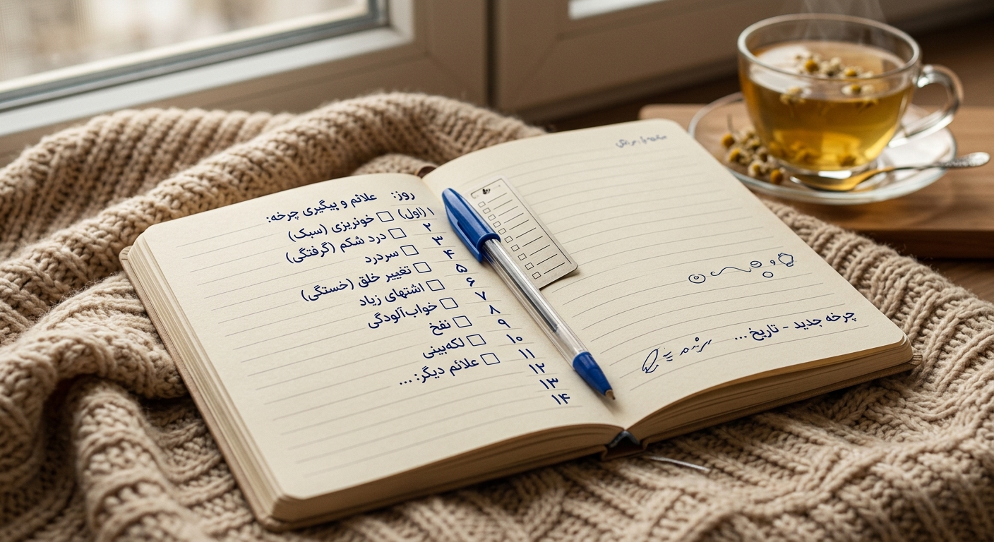بررسی علائم بالا بودن هورمون مردانه در زنان در یک دفترچه یادداشت با چکلیست چرخه قاعدگی