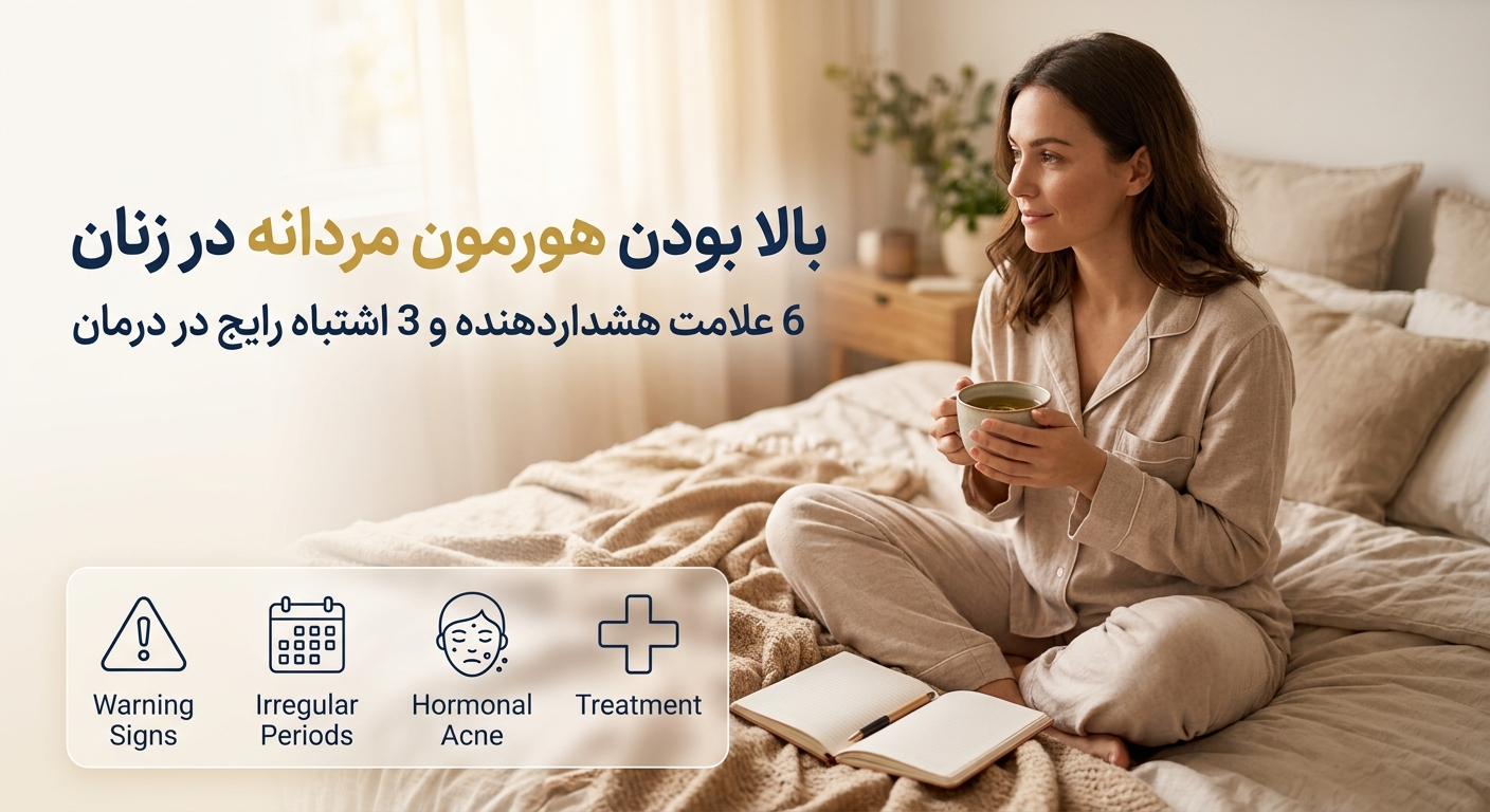 تصویر زنی در محیط دنج با دفترچه یادداشت برای بررسی علائم بالا بودن هورمون مردانه در زنان